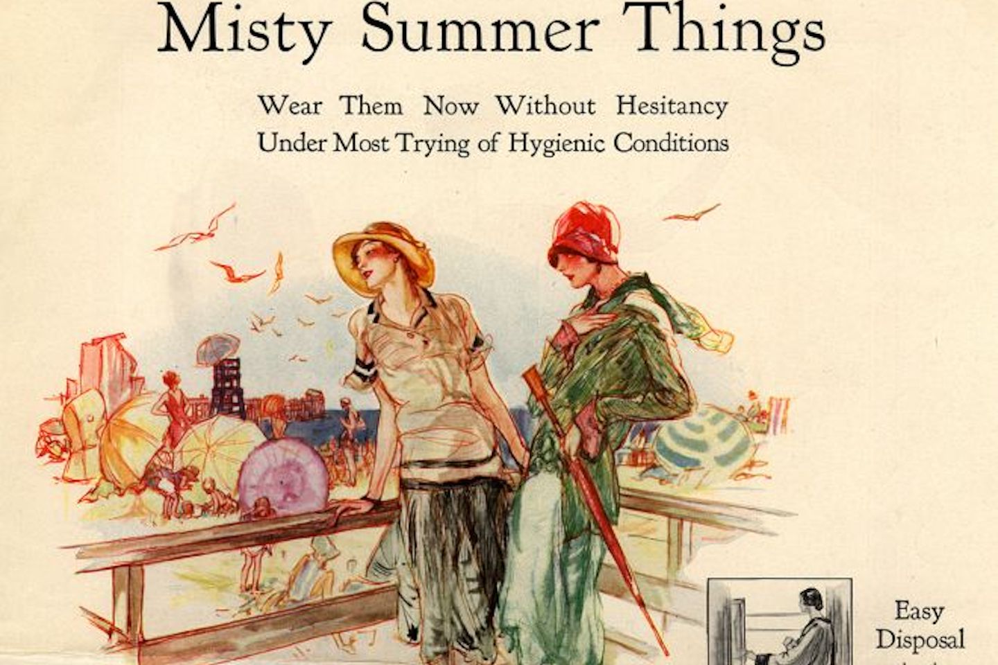 Part of a vintage advertisement featuring two women standing on a boardwalk in front of a beach. The headline reads, "Misty Summer Things" and below it in smaller text, "Wear Them Now Without Hesitancy Under Most Trying of Hygienic Conditions"